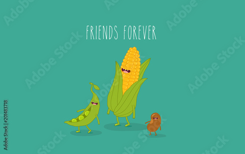 This is vector illustrations. Funny corn, beans, peas are friends forever. You can use for cards, fridge magnets, stickers, posters.