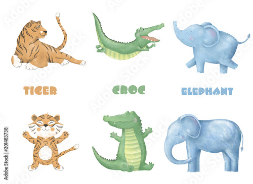 crocodile tiger elephant digital clip art cute animal and flowers for card  posters  on white background