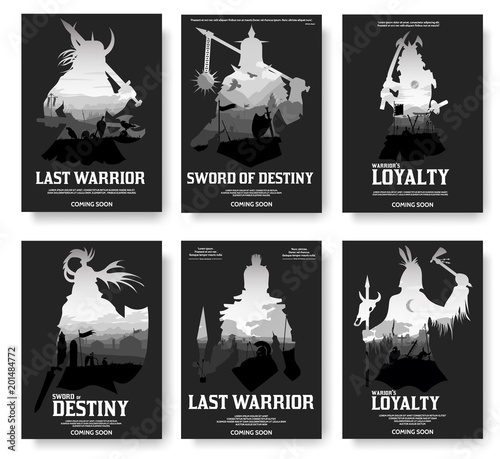 Ancient warriors vector brochure cards set. Old battlefield template of flyear, magazines, poster, book cover, banners. Active lifestyle invitation concept background. Layout  modern page