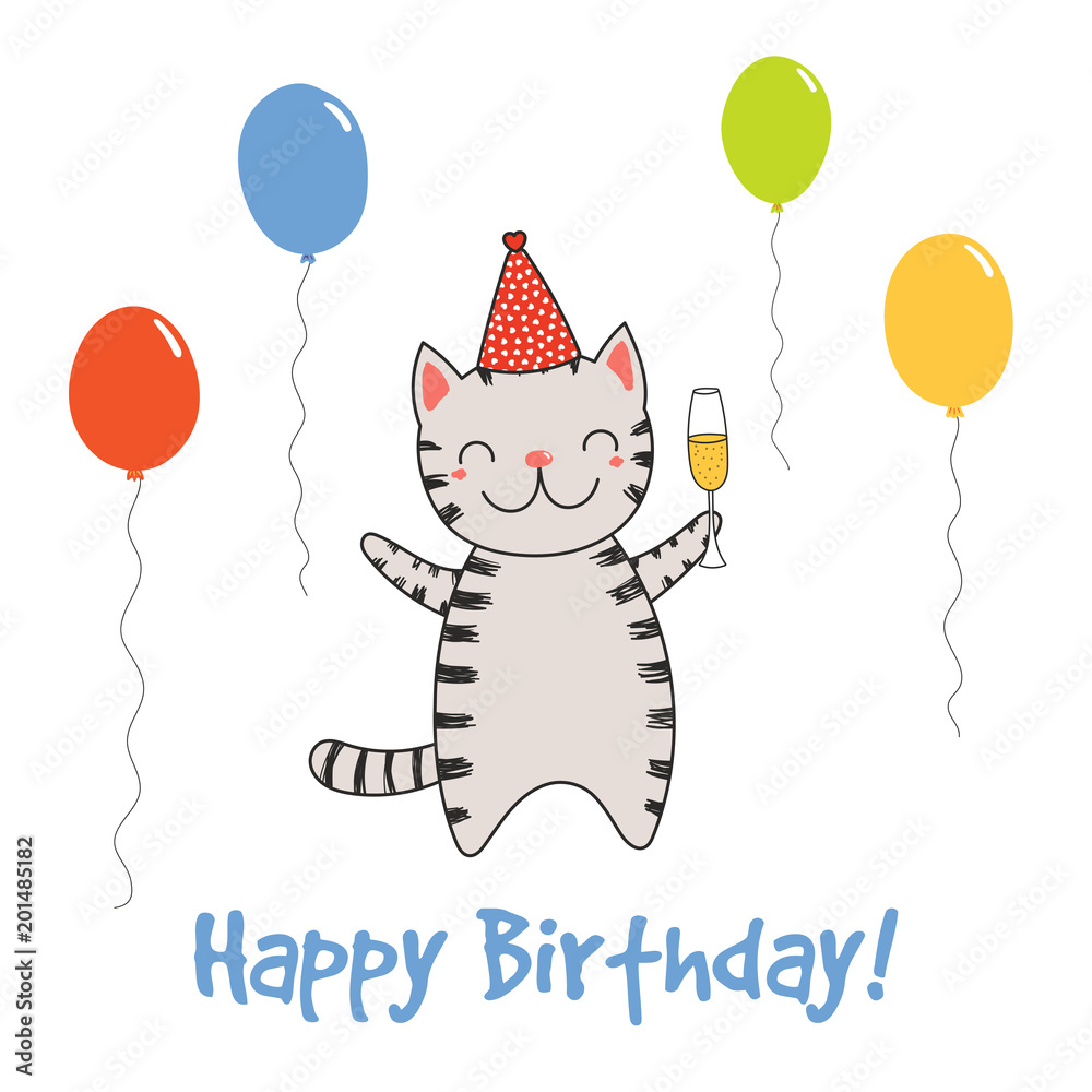 Hand drawn Happy Birthday greeting card with cute funny cartoon cat with a  glass of champagne, text. Isolated objects on white background. Vector  illustration. Design concept for party, celebration. Stock Vector |