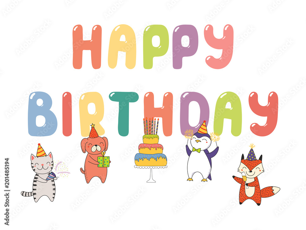 Hand drawn Happy Birthday greeting card, banner template with cute funny cartoon animals celebrating, cake, text. Isolated objects on white background. Vector illustration. Design concept for party.