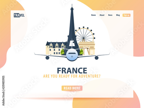 France. Travel banner or web template for web site or landing page. Time to travel. Vector UI illustration