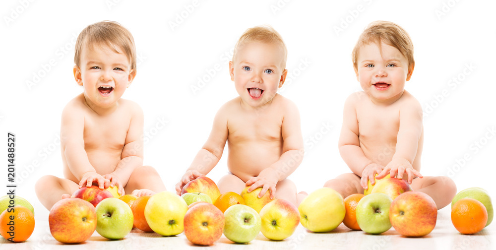 Baby Fruit for Babies, Happy Children with Apples and Oranges Sitting Isolated over White Background, Three Kids One Year Old Baby Fruit for Babies, Happy Children with Apples and Oranges Sitting Isolated over White Background, Three Kids One Year Old