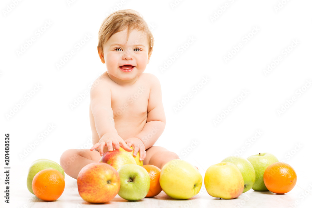 Fruit for Baby, Happy Child Girl with Apples sitting Isolated over White Background, Kid one year old Fruit for Baby, Happy Child Girl with Apples sitting Isolated over White Background, Kid one year old
