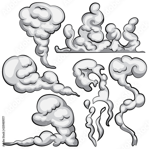 Cartoon smoke vector set. Comic mist, fog, steam illustration isolated on white background.