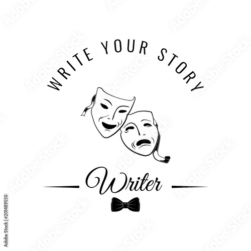 Foto sad and happy theater masks. writer badge.