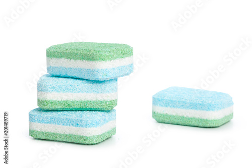 Dishwasher tablets on a white background