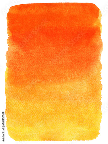 Fire, flame, tropical or sunset colors watercolor abstract background. Red, orange, yellow vertical gradient fill with uneven rough edges and paper texture. Hand drawn aquarelle template.