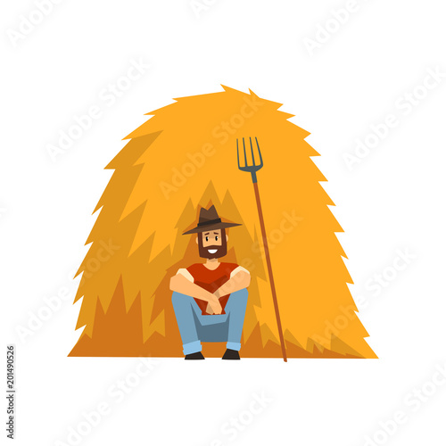 Farmer resting sitting by the haystack vector Illustration on a white background