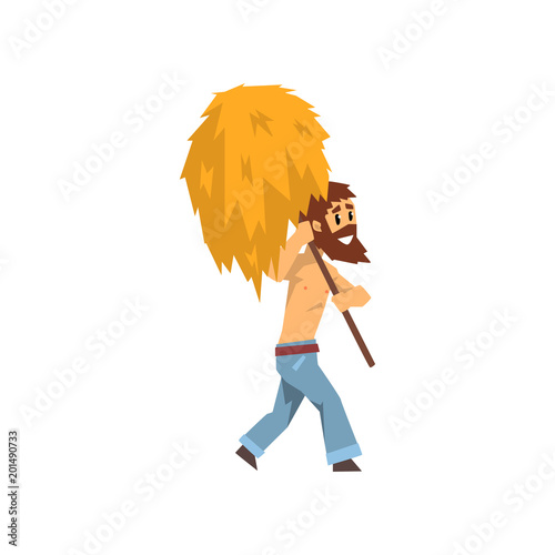 Farmer carrying hay with pitchfork, farm worker at work vector Illustration on a white background