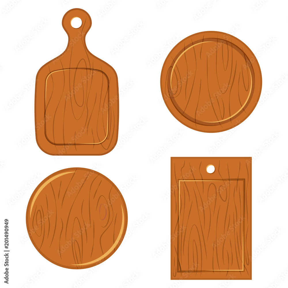 Wooden cutting board of different shapes top view. Vector flat icons set isolated on white background. Wooden cutting board of different shapes top view. Vector flat icons set isolated on white background.