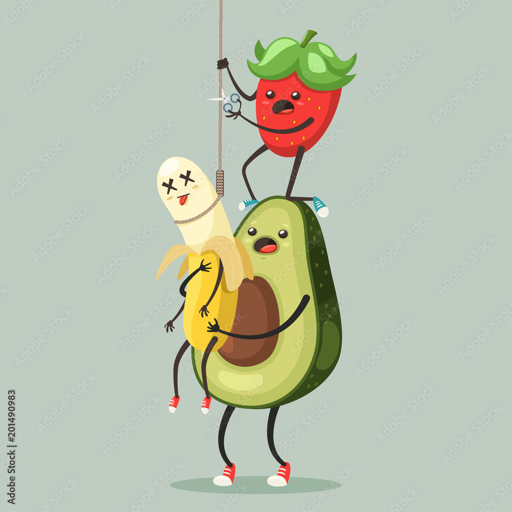 Suicide prevention concept illustration. Avocado and strawberry cut knot  and save banana from death vector cartoon fruits characters isolated on  background. Stock Vector | Adobe Stock