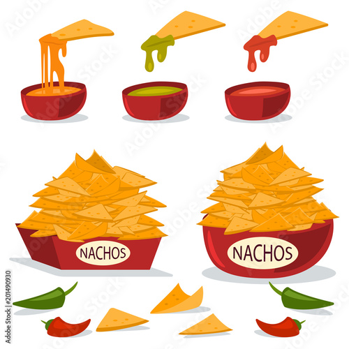 Nachos in a plate with cheese, chili and guacamole sauces. Vector cartoon flat illustration of Mexican food isolated on white background.