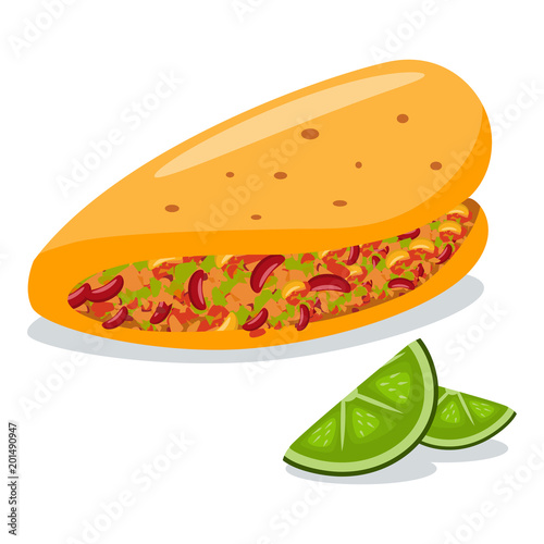 Taco with lime slices. Mexican food vector cartoon flat icon isolated on white background.