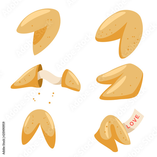 Chinese fortune cookies flat food vector set isolated on white background.