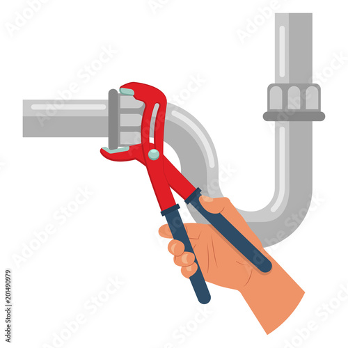 Plumber fix leak of water pipe through with a wrench. Vector flat illustration of a hand with tool isolated on a white background