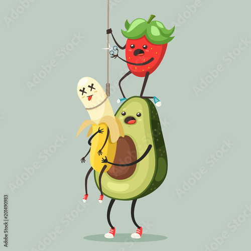 Suicide prevention concept illustration. Avocado and strawberry cut knot and save banana from death vector cartoon fruits characters isolated on background.