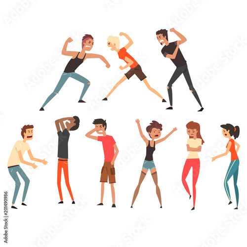 People fighting and quarreling. Aggressive and violent behavior. Negative emotions. Young guys and girls. Flat vector design