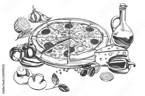 Italian pizza , collection of pizza with ingredients, logo, hand drawn vector illustration realistic sketch