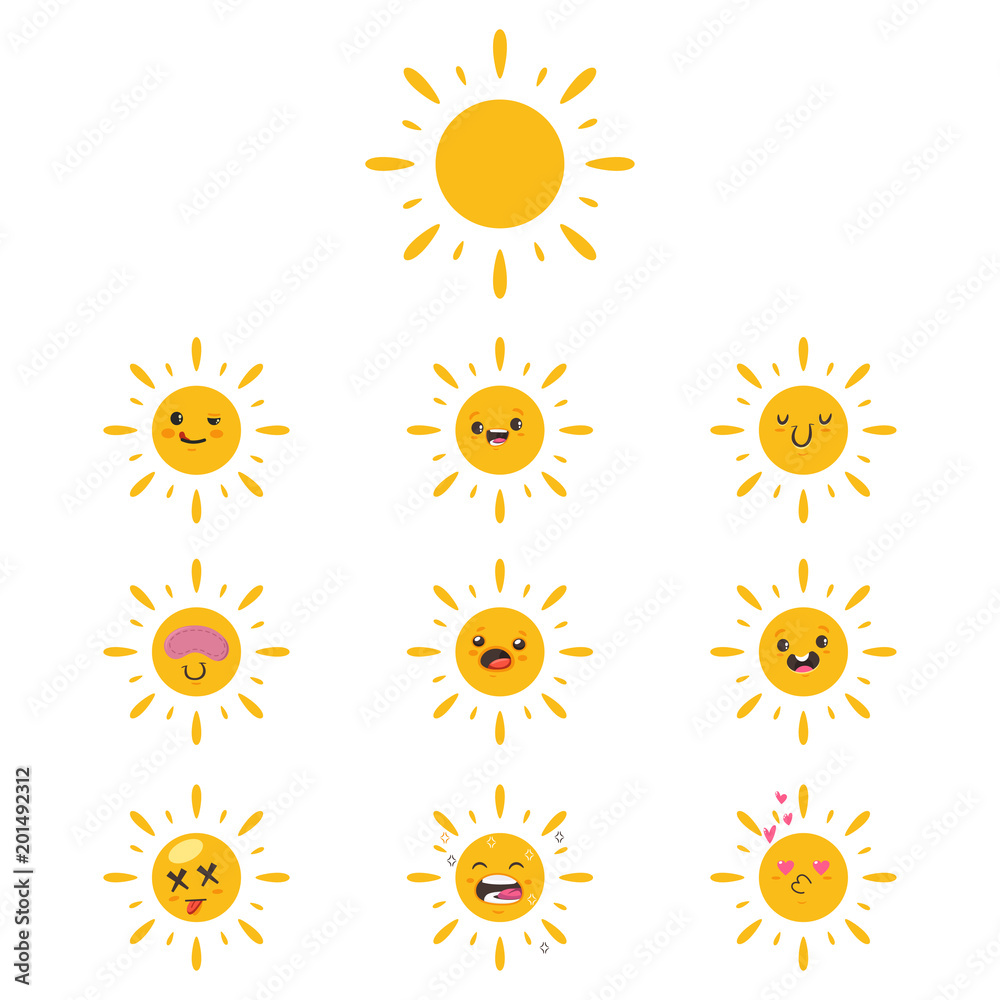 Cute sun icon set. Vector cartoon funny character with different kawaii emotions isolated on a white background. Cute sun icon set. Vector cartoon funny character with different kawaii emotions isolated on a white background.