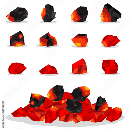 Burning charcoal for grill and barbecue. Vector flat set of smoldering coal briquettes isolated on white background.