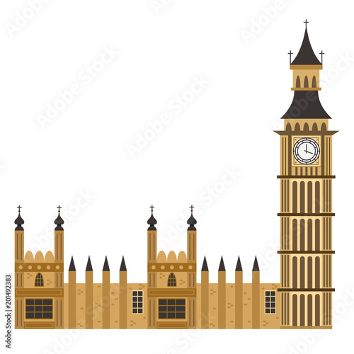Big Ben clock tower. Vector flat icon of London building isolated on white background.