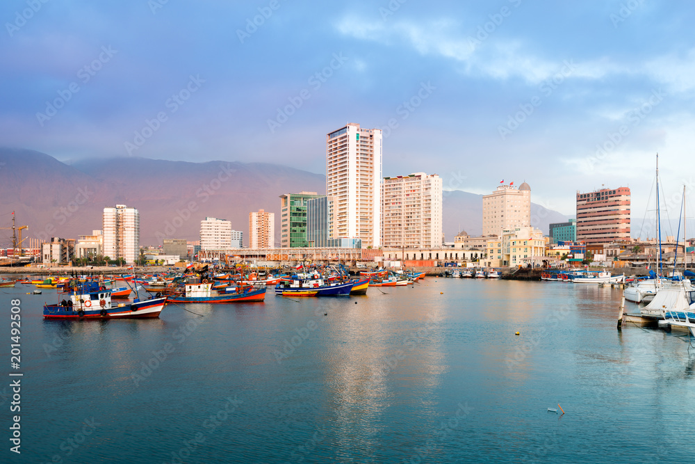 Skyline of downtown and marina of Iquique from the port, Chile. Skyline of downtown and marina of Iquique from the port, Chile.