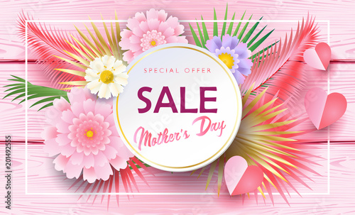 Sale banners set for Mother's Day gift cards, special offer, discount flyers, web, Spring Holiday floral decoration, origami, paper cut texture, vector fashion, typography