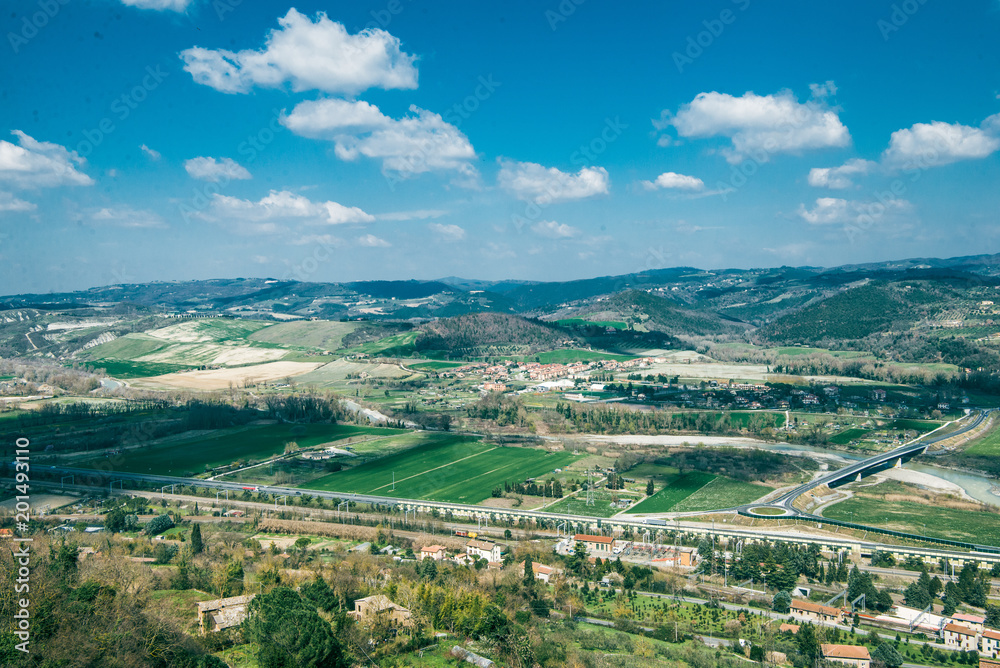 aerial view of beautiful hills and buildings in Orvieto, Rome suburb, Italy