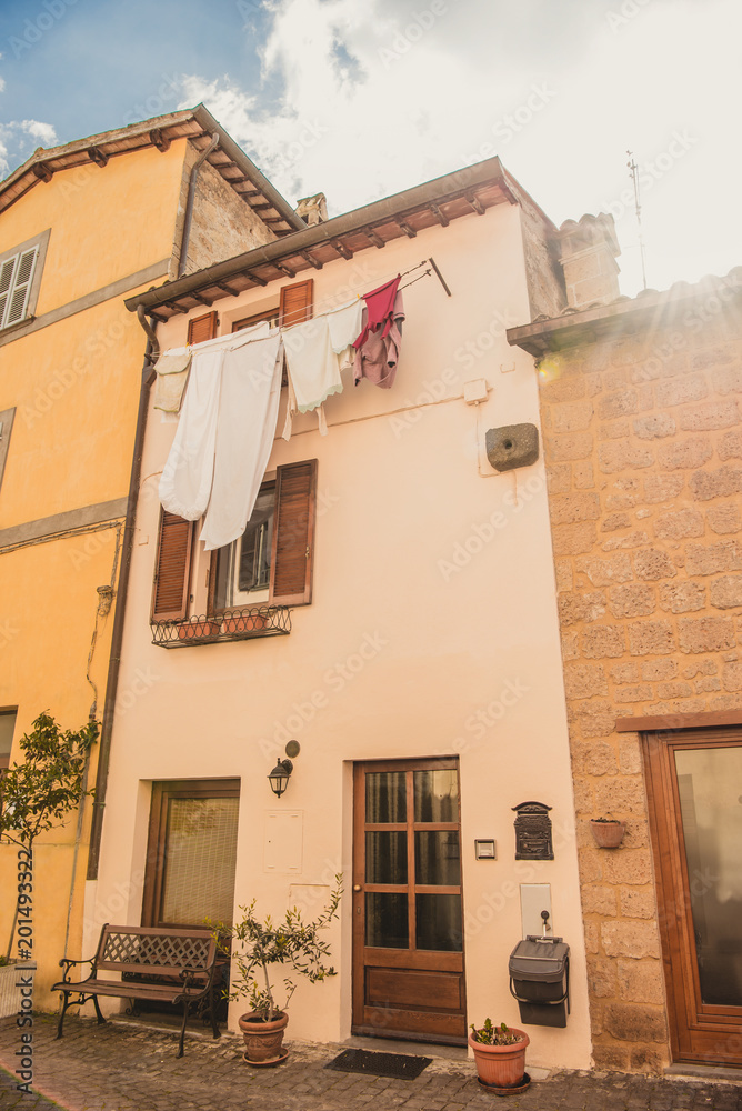 clothes drying outside building in Orvieto, Rome suburb, Italy