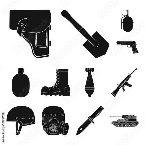 Army and armament black icons in set collection for design. Weapons and equipment vector symbol stock web illustration.