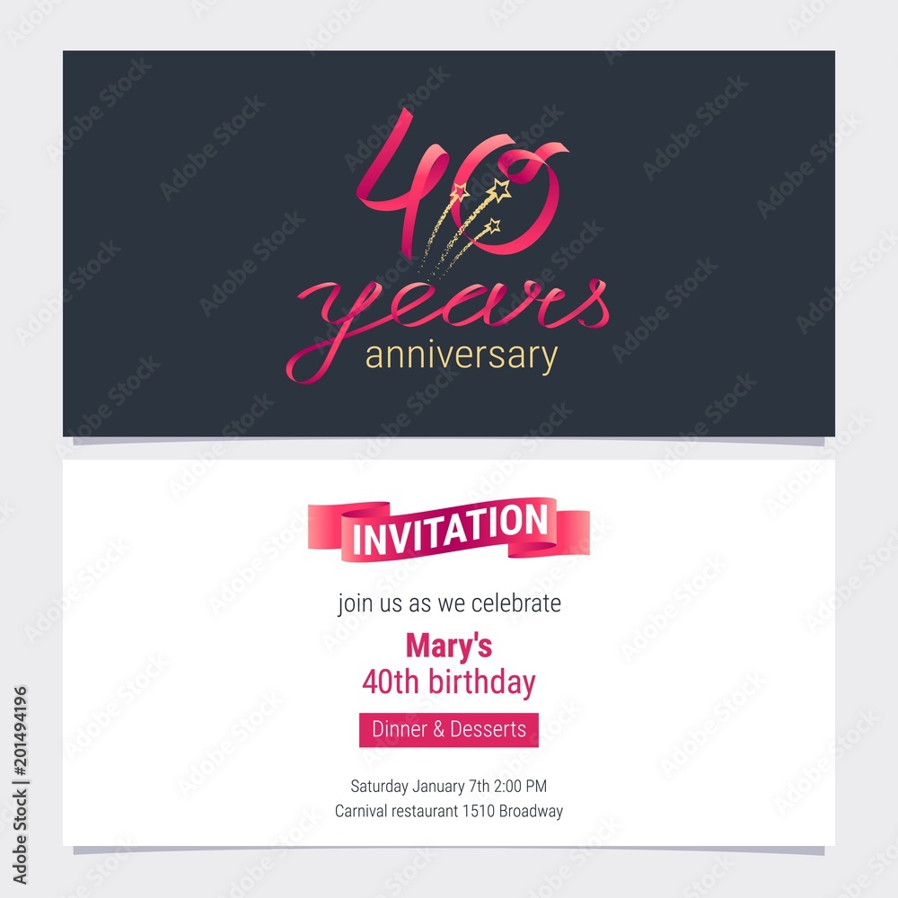 40 years anniversary invite vector illustration. Graphic design element for 40th birthday card, party invitation 40 years anniversary invite vector illustration. Graphic design element for 40th birthday card, party invitation