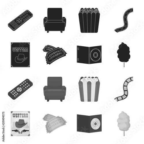 Western cinema, tickets, sweet cotton wool, film on DVD.Filmy and cinema set collection icons in black,monochrome style vector symbol stock illustration web.