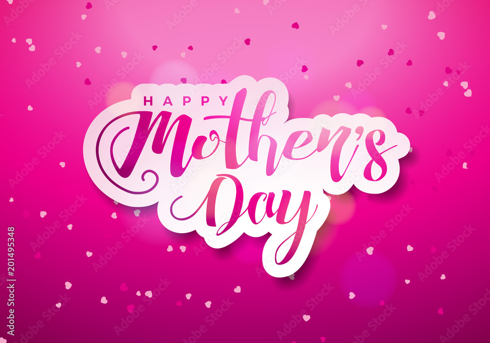Happy Mothers Day Greeting card with hearth and typographic design on pink background. Vector Celebration Illustration template for banner, flyer, invitation, brochure, poster.
