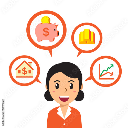 Cartoon businesswoman talking about different investing options