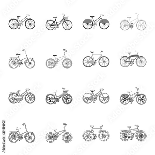Children bicycle and other kinds.Different bicycles set collection icons in outline,monochrome style vector symbol stock illustration web.