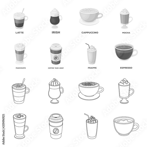 Mocha, macchiato, frappe, take coffee.Different types of coffee set collection icons in outline,monochrome style vector symbol stock illustration web.