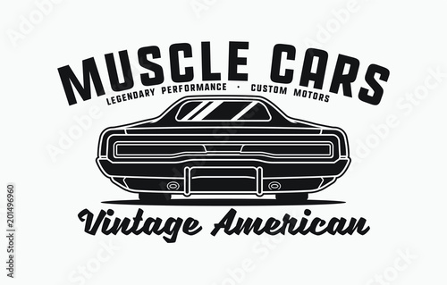 Monochrome American muscle cars label. Vector illustration for print on t-shirt.