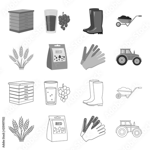 Spikelets of wheat, a packet of seeds, a tractor, gloves.Farm set collection icons in outline,monochrome style vector symbol stock illustration web.