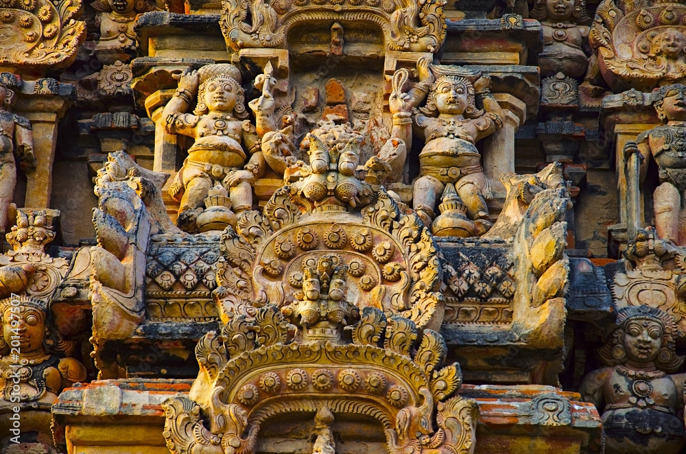 Carved idols on the Gopuram of the Brihadishvara Temple, Thanjavur, Tamil Nadu, India.