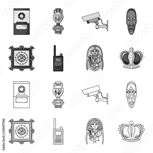 Picture, sarcophagus of the pharaoh, walkie-talkie, crown. Museum set collection icons in outline,monochrome style vector symbol stock illustration web.