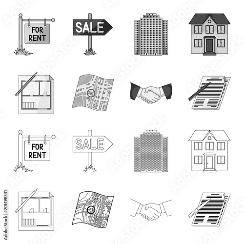 House plan, documents for signing, handshake, terrain plan. Realtor set collection icons in outline,monochrome style vector symbol stock illustration web.