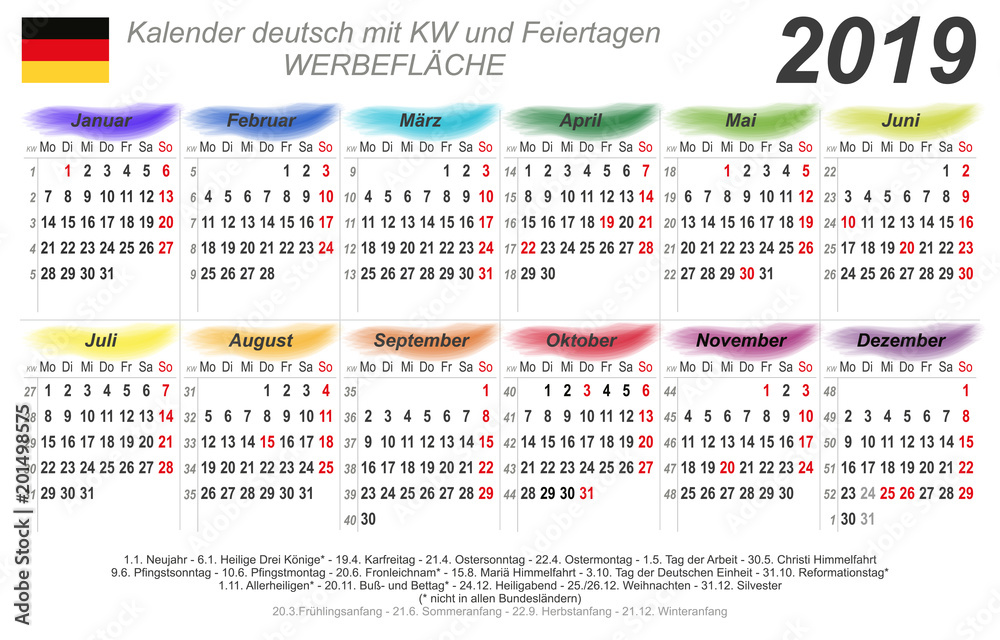 Kalender 2019 - bunte Wasserfarben - quer - deutsch - mit Feiertagen Stock  Vector | Adobe Stock