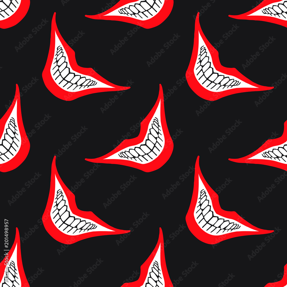 Evil clown or playing card joker smile seamless vector pattern. Creepy, spooky, scary smiles with red painted lips and bared teeth texture. Fool's Day or Halloween funny, irony endless background. Evil clown or playing card joker smile seamless vector pattern. Creepy, spooky, scary smiles with red painted lips and bared teeth texture. Fool's Day or Halloween funny, irony endless background.