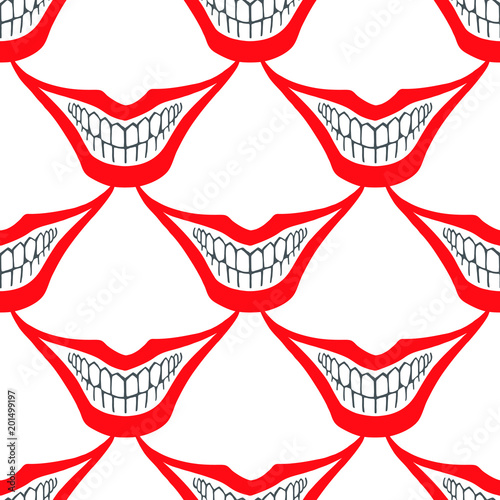 Evil clown or playing card joker smile seamless vector pattern. Creepy, spooky, scary smiles with red painted lips and bared teeth texture. Fool's Day or Halloween funny, irony endless background.
