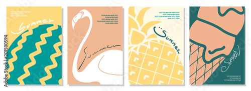 Cute vector illustration of watermelon, flamingo, pineapple and ice cream in graphic style.