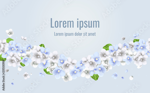 Greeting card with violets flowers Modern floral art in watercolor style for sales, 8 March, wedding, Valentine's Day, Mother's Day. Floral design for natural cosmetics, perfume, women products.