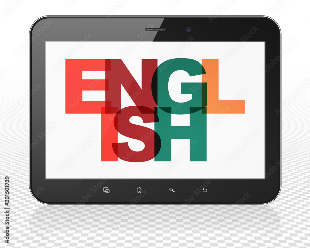 Learning concept: Tablet Pc Computer with Painted multicolor text English on display, 3D rendering Learning concept: Tablet Pc Computer with Painted multicolor text English on display, 3D rendering