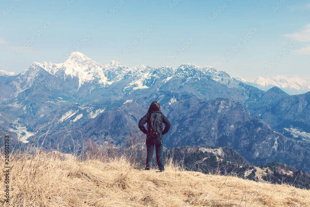 Sportive woman looking the mountains, Adventure Girl Freedom Sensation Outdoors
