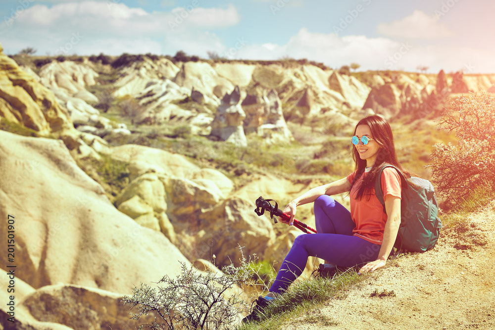 Naklejka premium Traveling is a tourist route with a backpack.